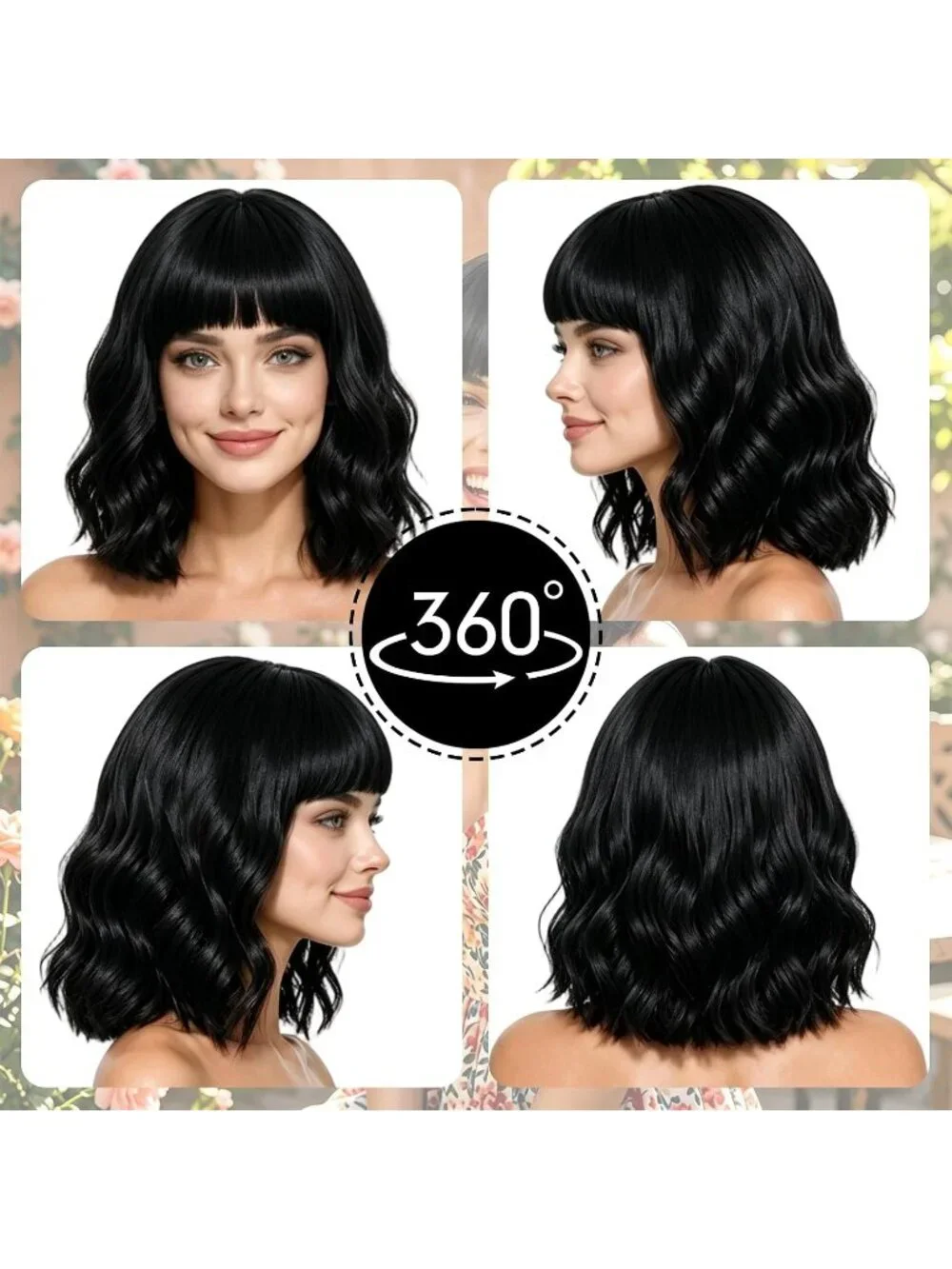 Women's Black Curly Bob Synthetic Wigs Bangs With Neon Heart Sunglasses